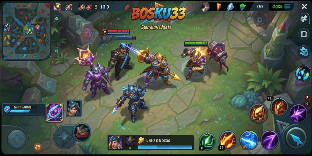 Tampilan aksi seru dalam game MOBA BOSKU33 dengan karakter unik.