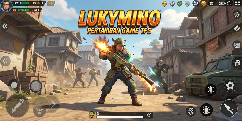 Screenshot LUKYMINO menampilkan aksi pertempuran mendebarkan dalam game TPS.
