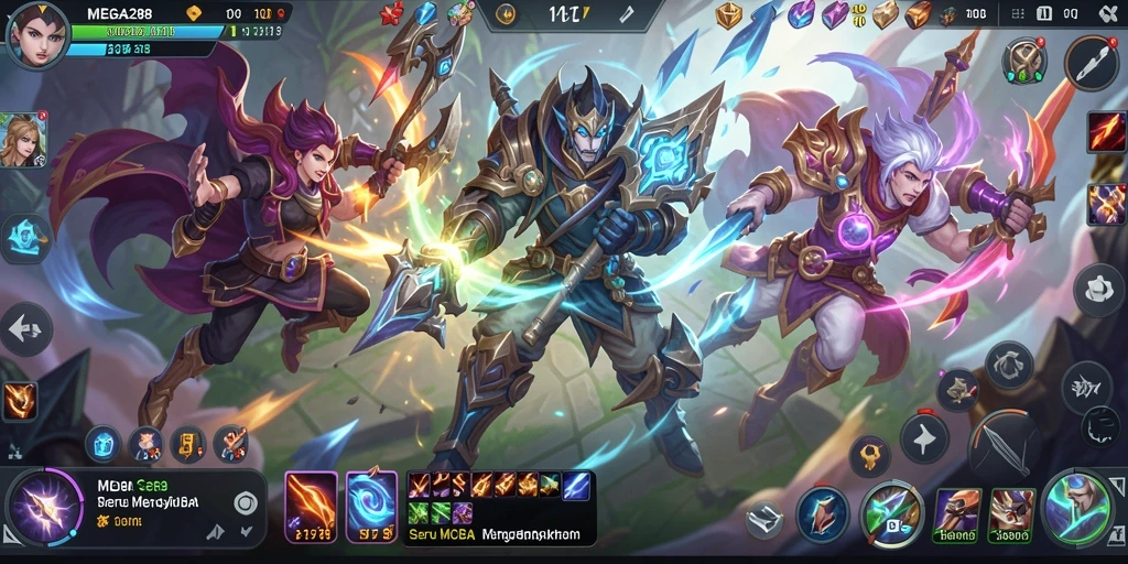 Tampilan gameplay seru dalam MEGA288 yang menunjukkan pertarungan tim MOBA.