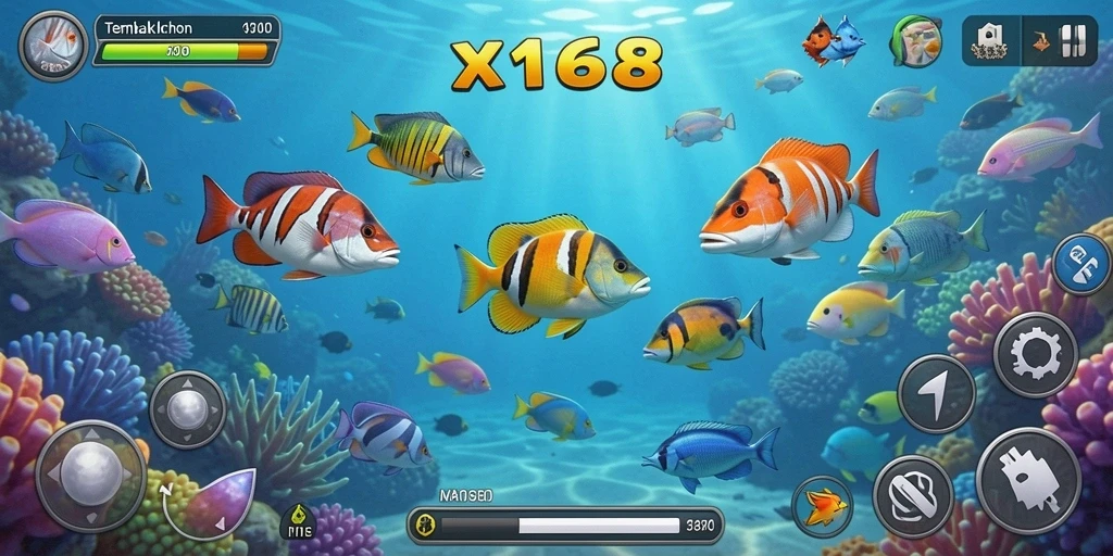 Screenshot gameplay X168 menampilkan aksi menangkap ikan yang mendebarkan.